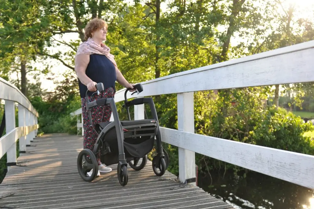 a woman with a stroller on a bridge, déambulateur, corps, esprit, hypnose, psychomotricité